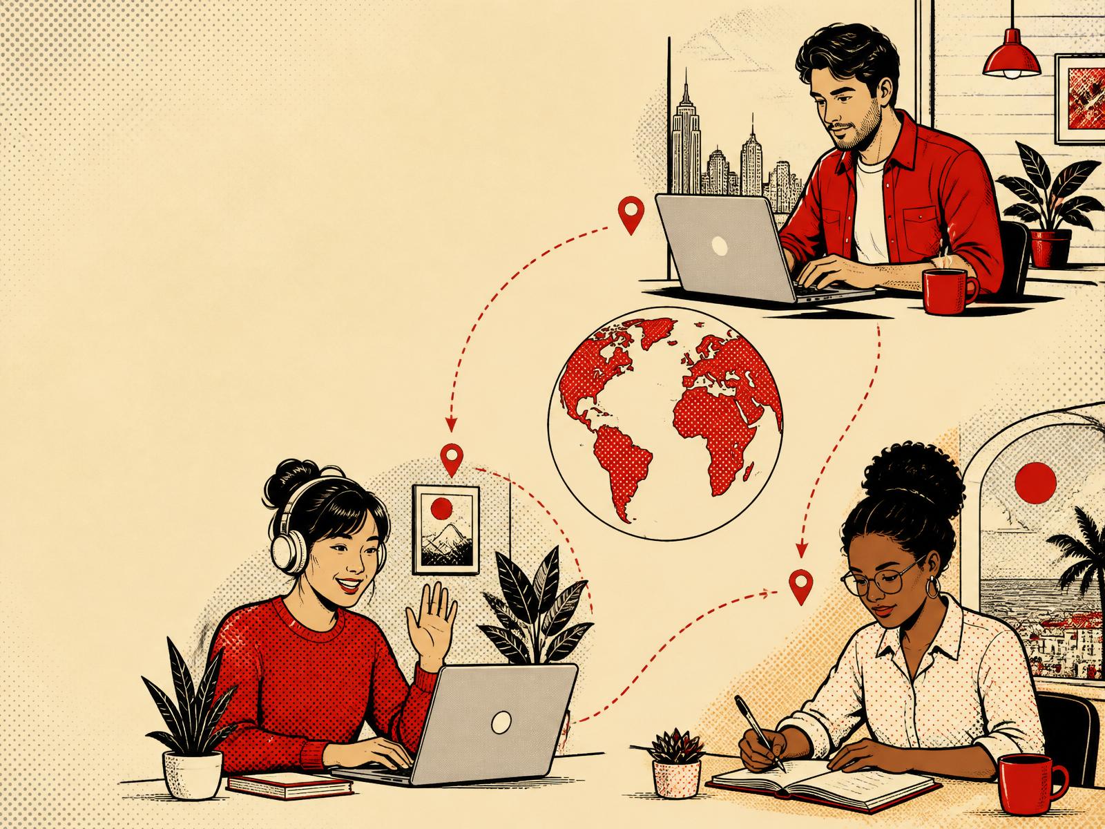 Distributed team collaborating across time zones — illustrated in the Remote First editorial style
